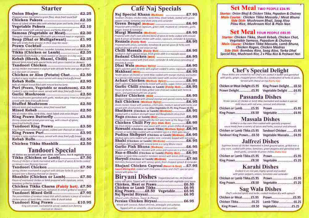 Chestertourist.com - Cafe Naj Hoole Chester Restauant Menu Page Two